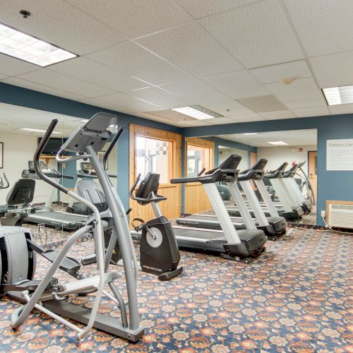 The image shows a gym with treadmills, elliptical machines, and a stationary bike, featuring a mirrored wall and a patterned carpeted floor.