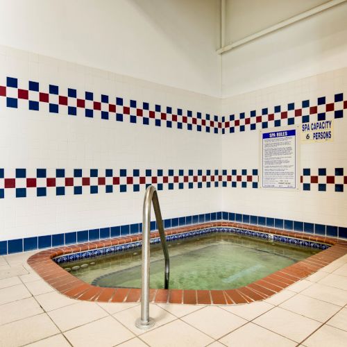 This image shows an indoor hot tub with a metal handrail, surrounded by tiled walls and floors, featuring a red, white, and blue checkered pattern.