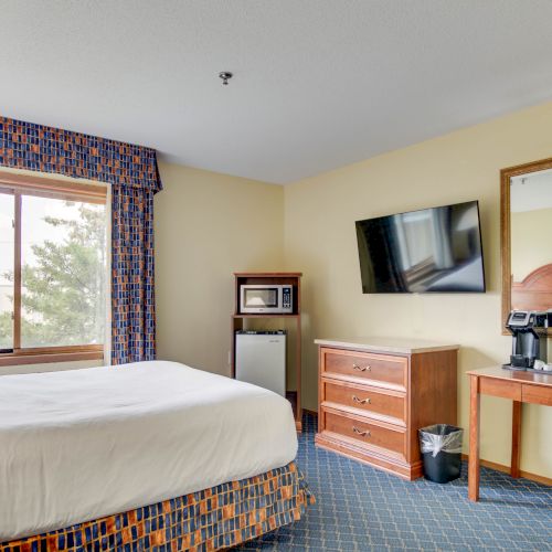 A well-lit hotel room with a bed, window with patterned curtains, TV, dresser, microwave, mini-fridge, desk with a lamp, coffee maker, and a mirror.